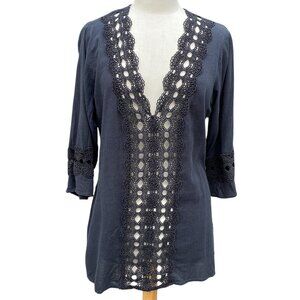 La Blanca Island Fare Crochet Lace Tunic Washed Black Beach Witchy Dark Fairy-L